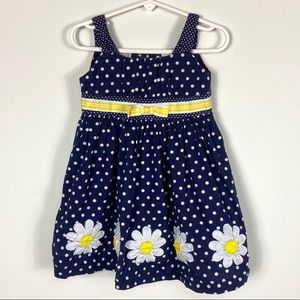Blueberi Boulevard Girl's Navy Blue Sleeveless Polka Dot Dress w/ Daisies- 4T